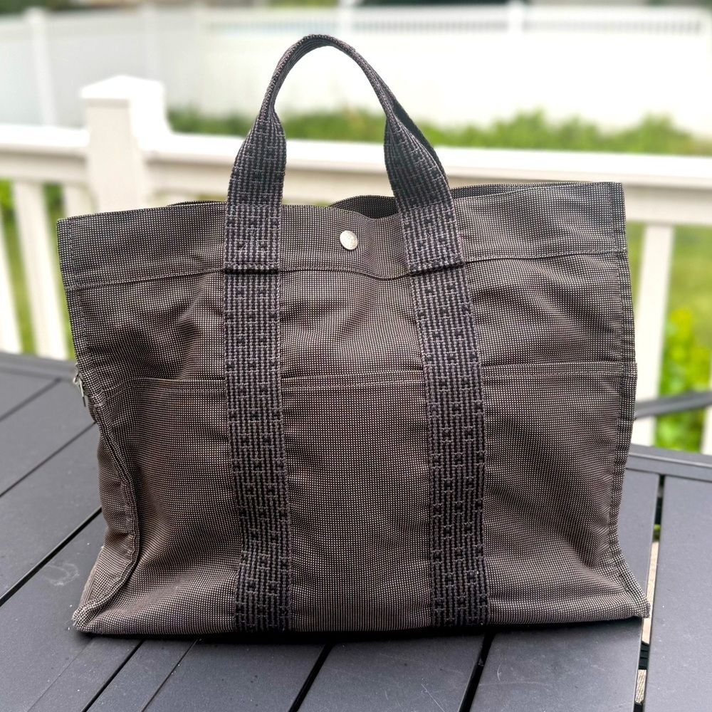Hermes Herline MM Tote Bag Canvas Gray Authentic Vintage